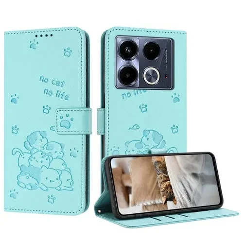 Funda de Cuero Infinix Note 40 5G con Diseño de Gatito En Relieve y Cordón (Verde Menta)