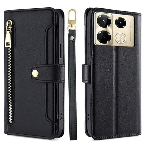 Funda de Cuero Infinix Note 40 Pro 4G con Billetera, Cremallera y Textura de Oveja (Negro)