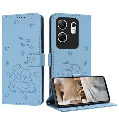 Funda de Cuero Infinix Zero 30 4G con Diseño de Gatito en Relieve y Cordón (Azul)
