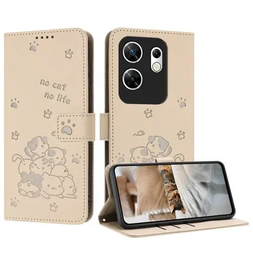 Funda de Cuero Infinix Zero 30 4G con Diseño de Gatito en Relieve y Cordón (Beige)