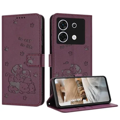 Funda de Cuero Infinix Zero 30 5G con Diseño de Gatito en Relieve y Cordón (Rojo Vino)