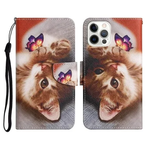 Funda de Cuero iPhone 11 Pro Patrón Pintado con Soporte y Ranura para Tarjeta y Billetera (Gato de Mariposa)
