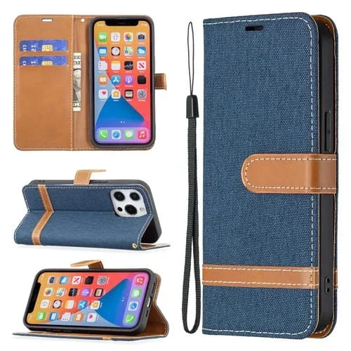 Funda de Cuero iPhone 13 Mini Color Matching Denim Textura con Tapa Horizontal Soporte Ranuras Tarjetas Billetera Cordón (Azul Oscuro)