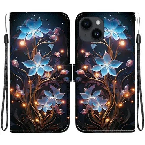 Funda de Cuero iPhone 14 Plus Dibujo Colores Textura Cristal (Flor de Linterna Pequeña)