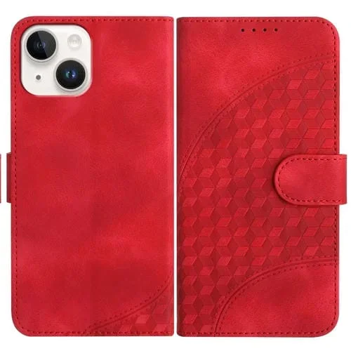 Funda de Cuero iPhone 14 Yx0060 con Relieve y Cabeza de Elefante con Cordón (Rojo)