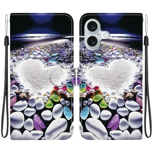 Funda de Cuero iPhone 16 Dibujo de Colores Textura de Cristal en Forma de Corazón