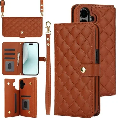 Funda de Cuero iPhone 16 Diseño de Rombos Multifunción (Marrón)