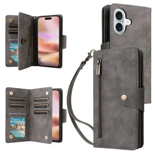 Funda de Cuero iPhone 16 Plus con Tres Pliegues y Hebilla de Remache (Gris)