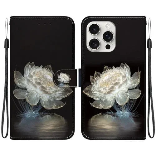 Funda de Cuero iPhone 16 Pro Dibujo Colores Textura Cristal (Peonía de Cristal)