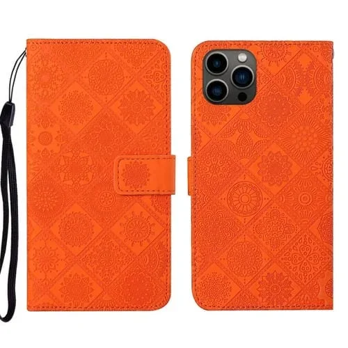 Funda de Cuero iPhone 16 Pro Estampado En Relieve Estilo Étnico (Naranja)