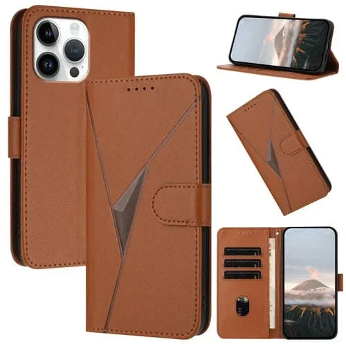 Funda de Cuero iPhone 16 Pro Max Cierre de Hebilla Diseño Triangular (Marrón)