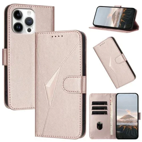 Funda de Cuero iPhone 16 Pro Max Cierre de Hebilla Diseño Triangular (Oro Rosa)