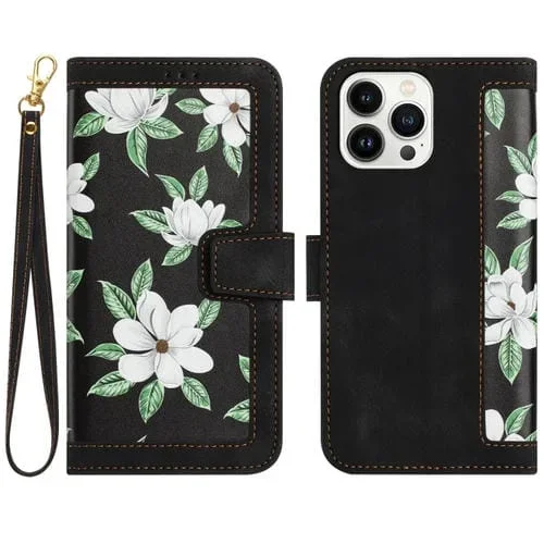 Funda de Cuero iPhone 16 Pro Max Estampado Floral con Cordón (Negro)