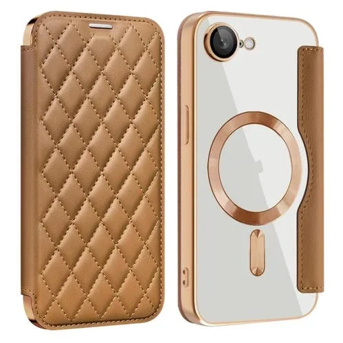 Funda de Cuero iPhone 16E con Diseño de Rombos Protección Rfid Magsafe (Marrón)