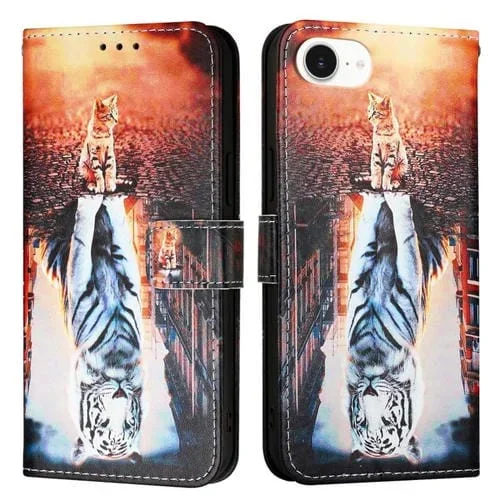 Funda de Cuero iPhone 16E Diseño Dibujos Gatos y Tigres