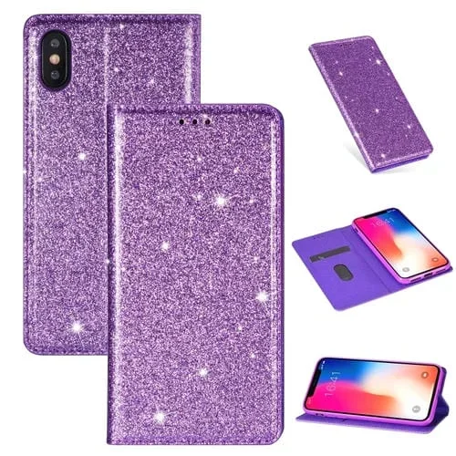 Funda de Cuero iPhone X Xs Tapa Horizontal Magnética Brillo Ultrafino Soporte Ranuras Tarjetas (Púrpura)