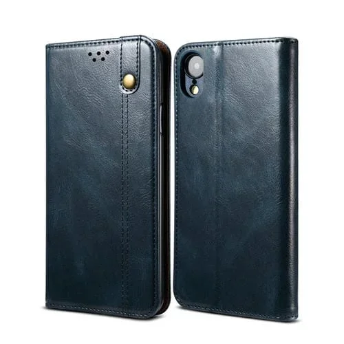 Funda de cuero iPhone Xr Simple Wax Crazy Horse textura con tapa horizontal y ranuras para tarjetas (Azul Marino)