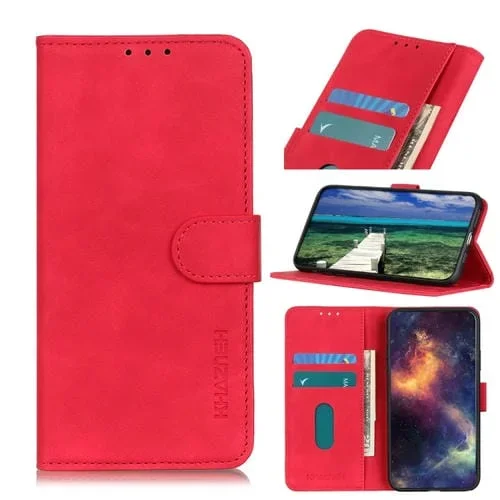 Funda de Cuero Khazneh para iPhone 15 Pro Max con Textura Retro (Rojo)