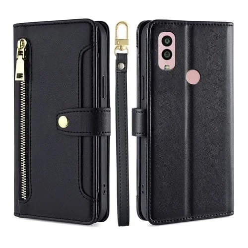 Funda de Cuero Kyocera Android One S10 Cross-Body con Zipper y Textura Sheep (Negro)