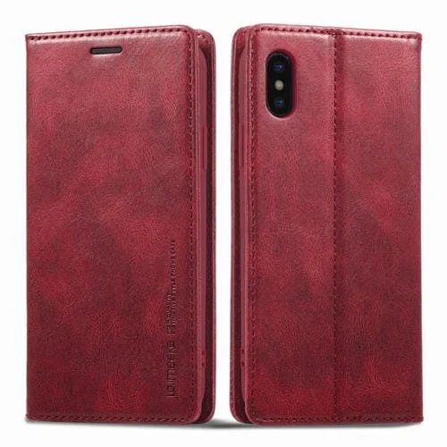 Funda de Cuero Lc.Imeeke para iPhone X Xs Antirrobo Rfid (Rojo)