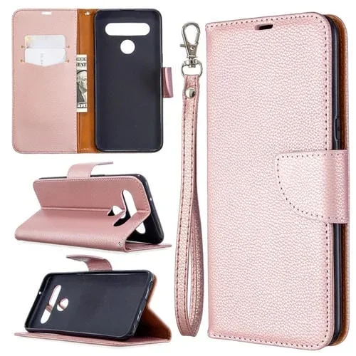 Funda de Cuero LG K61 Litchi Texture Horizontal Flip con Soporte, Ranuras y Cordón (Oro Rosa)