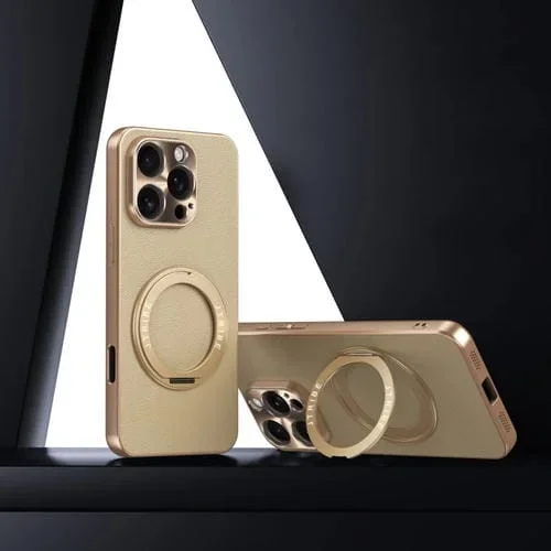 Funda de Cuero Lisa con Soporte Magsafe para iPhone 16 Pro Max (Dorada)