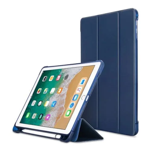 Funda de Cuero Litchi Texture Flip para iPad 9.7 (2017) / 9.7 (2018) / Air2 / Air con Soportes y Ranuras para Bolígrafos (Azul Oscuro)