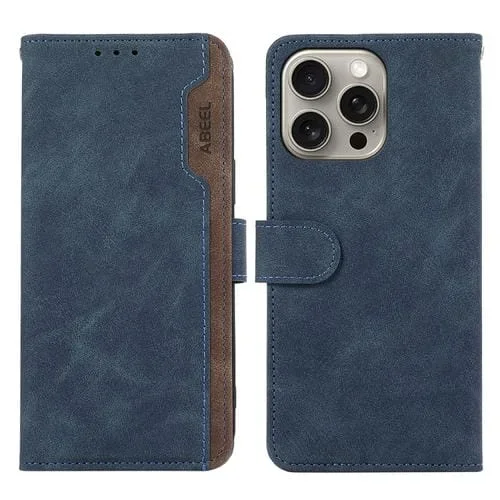 Funda de Cuero Magnética Abeel para iPhone 13 Pro Max Color Block Rfid (Azul-Marrón)