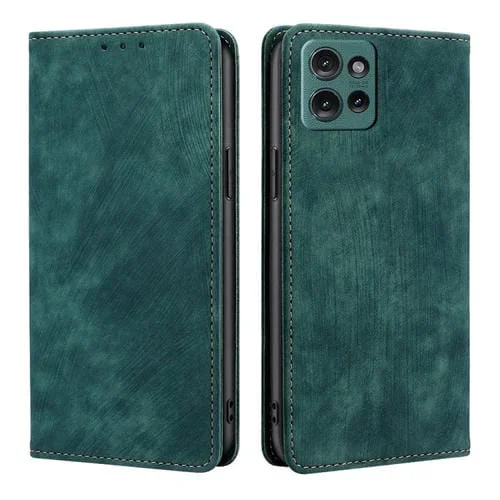 Funda de Cuero Magnética con Cepillo Antirrobo RFID para Motorola Edge 50 5G (Verde)