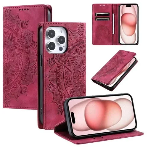 Funda de Cuero Magnética con Relieve Totem para iPhone 16 Pro Max (Rojo)