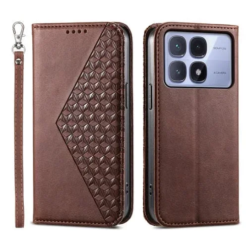 Funda de Cuero Magnética con Textura de Becerro y Cuadrícula Cúbica para Redmi K70 Ultra (Marrón)