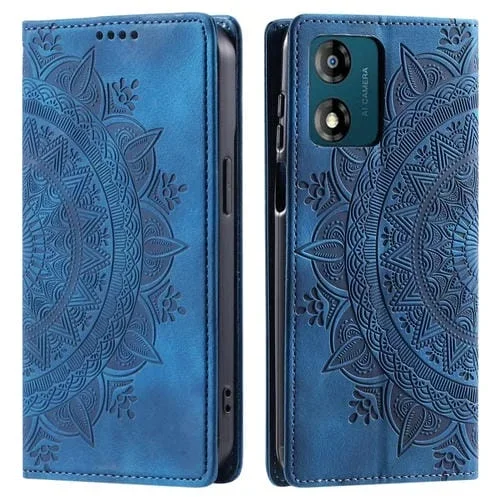 Funda de Cuero Magnética en Relieve para Motorola Moto E13 Totem (Azul)