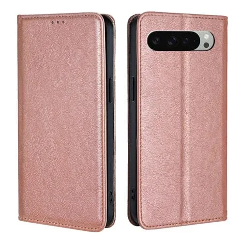 Funda de Cuero Magnética para Google Pixel 9 Pro XL con Acabado Brillante y Aceite Sólido (Oro Rosa)
