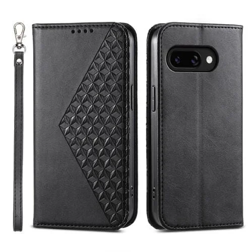 Funda de Cuero Magnética para Google Pixel 9A con Textura de Piel de Becerro y Cuadrícula Cúbica (Negro)