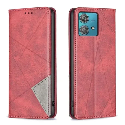 Funda de Cuero Magnética para Motorola Edge 40 Neo con Textura Rombo (Rojo)