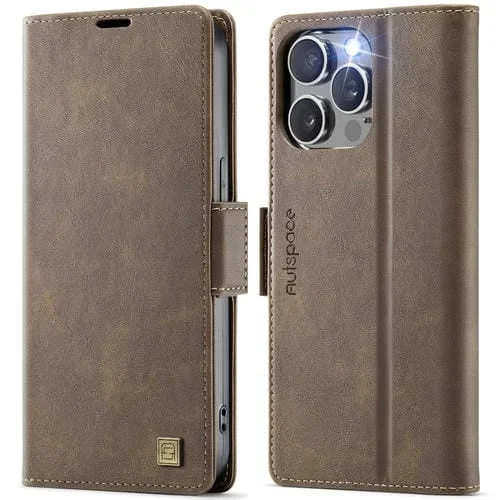Funda de Cuero Magnética Rfid Magsafe con Hebilla Lateral para iPhone 13 Pro Autspace A11 (Café)