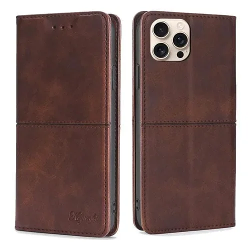 Funda de Cuero Magnética Textura de Vaca para iPhone 16 Pro Max (Marrón Oscuro)