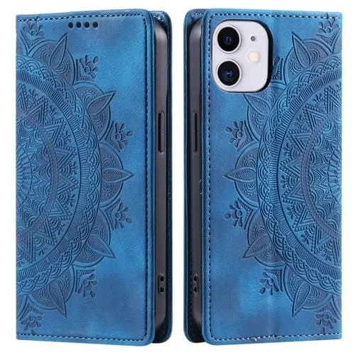 Funda de Cuero Magnética Totem para iPhone 12 Mini en Relieve (Azul)
