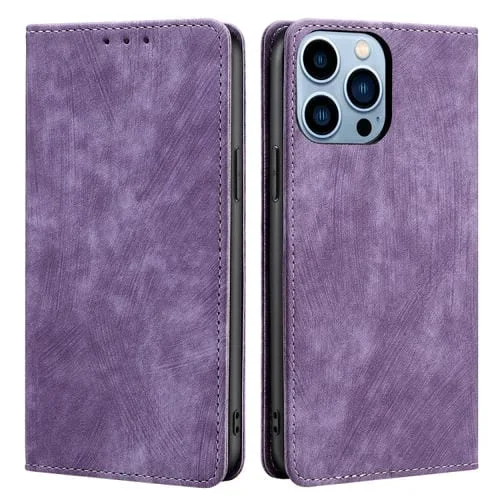 Funda de Cuero Magnético para iPhone 13 Pro con Protección RFID y Cepillo Antirrobo (Púrpura)