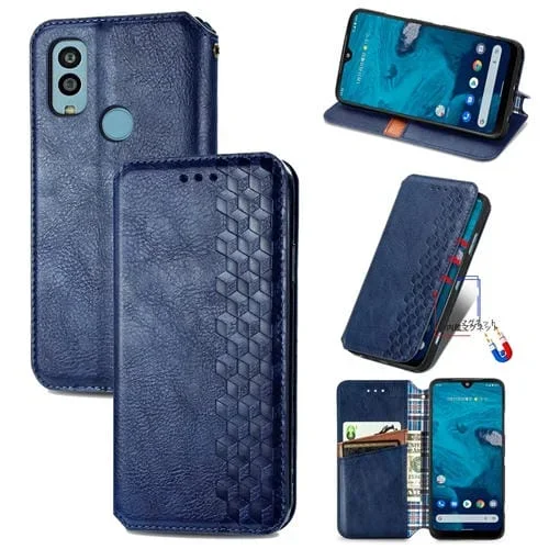 Funda de Cuero Magnético para Kyocera Android One S10 Cubic Grid (Azul)