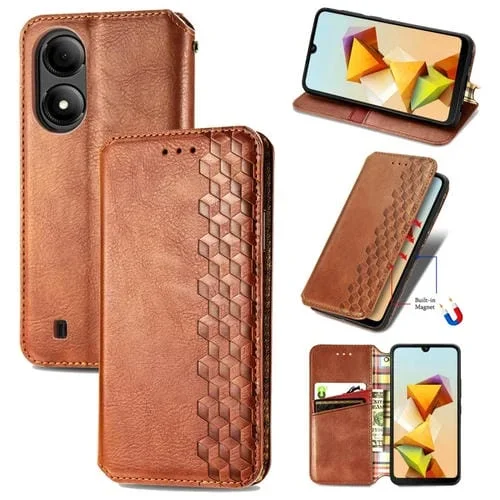 Funda de Cuero Magnético para ZTE Blade A33S Cubic Grid (Marrón)