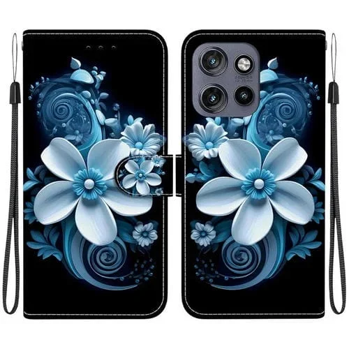 Funda de Cuero Motorola Edge 50 Neo 5G con Dibujo de Colores y Textura de Cristal (Orquídea Negra)
