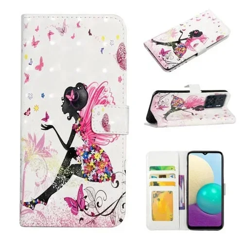 Funda de Cuero Motorola Moto E22 con Dibujo 3D en Relieve al Óleo (Hada de Flores)