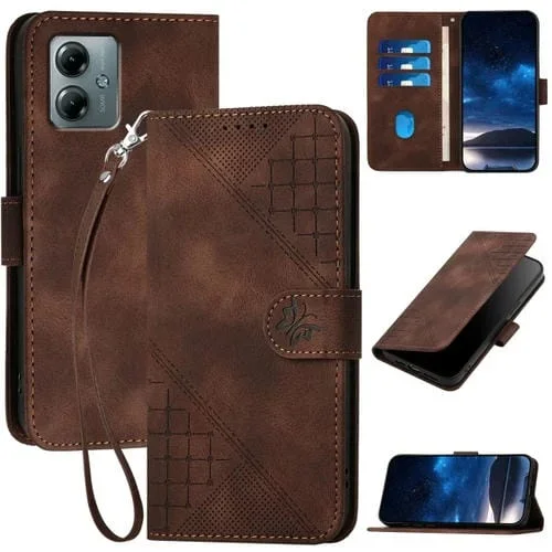 Funda de Cuero Motorola Moto G Play 2025 y G Power 2025 con Mariposa en Relieve y Cuadrícula (Café)
