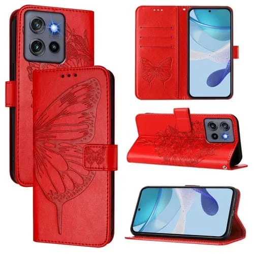 Funda de Cuero Motorola Moto G Stylus 5G 2025 con Diseño de Mariposa en Relieve (Rojo)