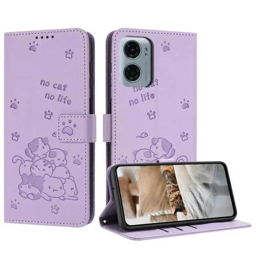 Funda de Cuero Motorola Moto G05 con Diseño de Gatito en Relieve y Cordón (Morado)