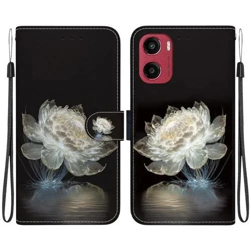 Funda de Cuero Motorola Moto G05/E15 con Dibujo de Colores y Textura de Cristal (Peonía de Cristal)