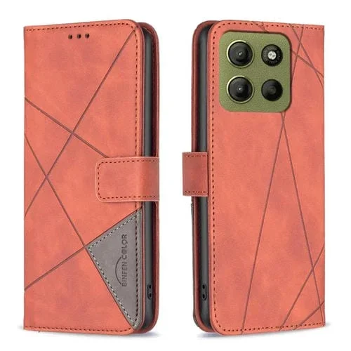 Funda de Cuero Motorola Moto G15 con Textura de Rombos y Hebilla Magnética (Marrón)