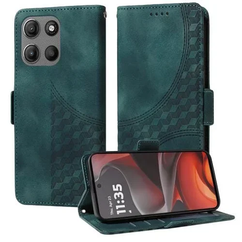 Funda de Cuero Motorola Moto G15/G15 Power Diseño Rombos y Estrellas en Relieve (Verde)
