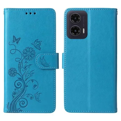 Funda de Cuero Motorola Moto G35 Diseño Mariposas Flores en Relieve (Azul)